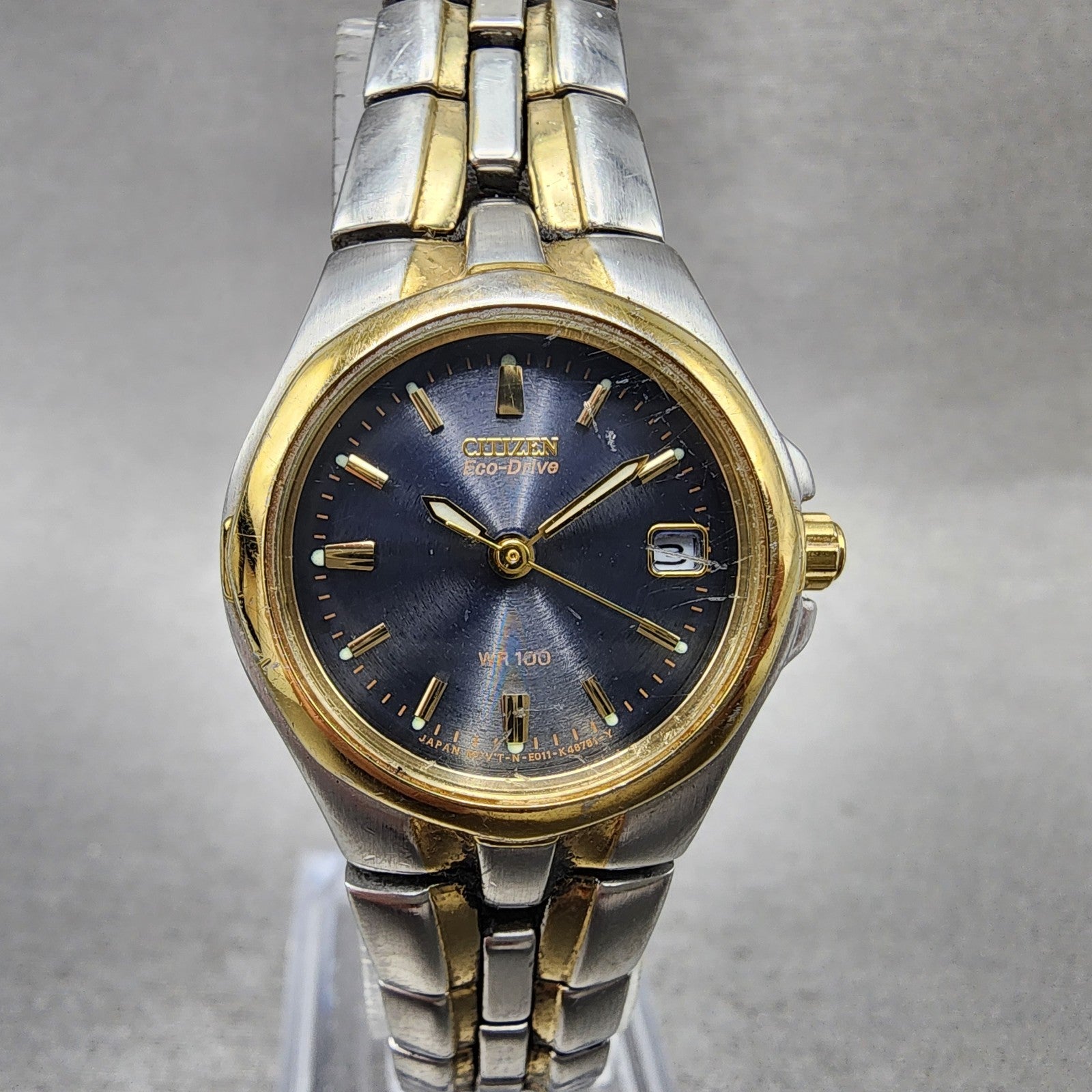 Citizen EcoDrive Watch Women 24mm Blue Dial Two Tone Date E011K15711 Runs0