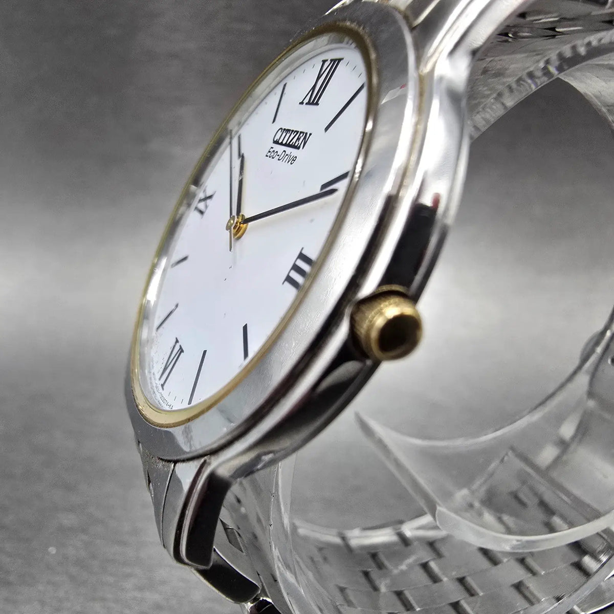 Citizen Eco-Drive Stiletto Watch Men 35mm White Dial Two Tone Round Runs JP232