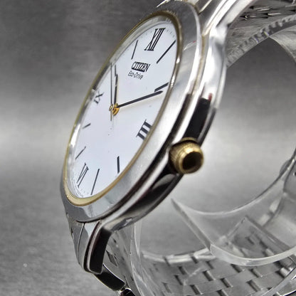 Citizen Eco-Drive Stiletto Watch Men 35mm White Dial Two Tone Round Runs JP232