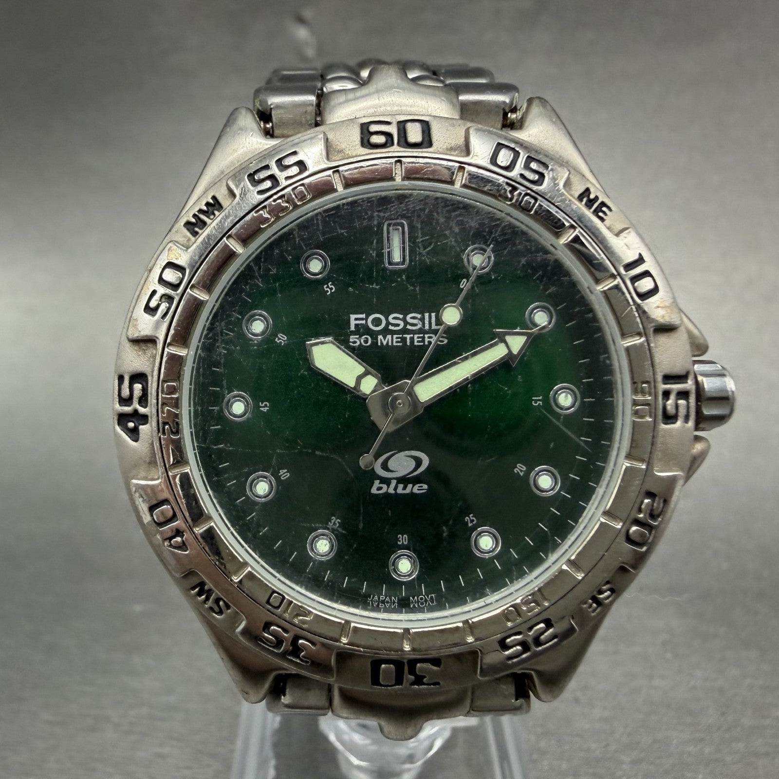 Fossil Dive Watch Men 40mm Green Dial Silver Tone Round BQ-8775 New Battery0