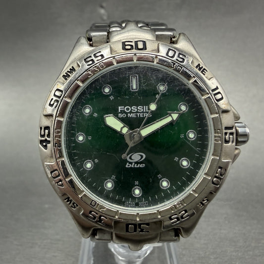 Fossil Dive Watch Men 40mm Green Dial Silver Tone Round BQ-8775 New Battery0