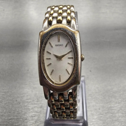 Seiko Watch Women 17mm White Dial Two Tone Rectangle 1N00-6E20 New Battery VTG0
