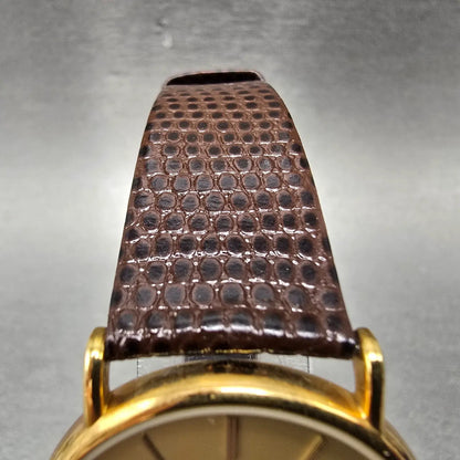 Longines Watch Men 32mm Gold Dial Gold Tone Round Leather Band New Battery VTG4