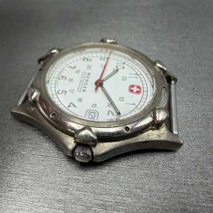 Wenger SAK Watch Men 35mm White Dial Steel Date Round Leather Band New BatteryBH5