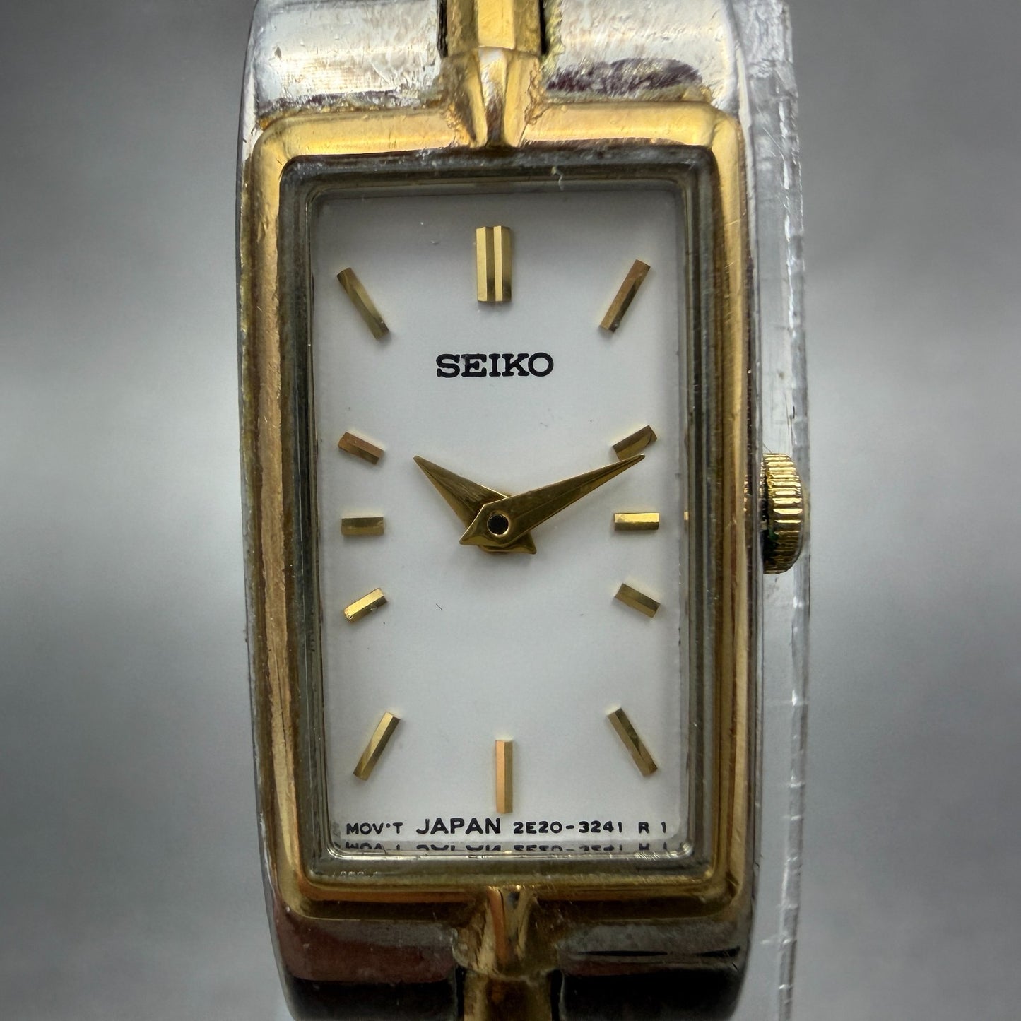 Seiko Watch Women 12mm White Dial Two Tone Rectangle 2E20-7479 New Battery JHK121