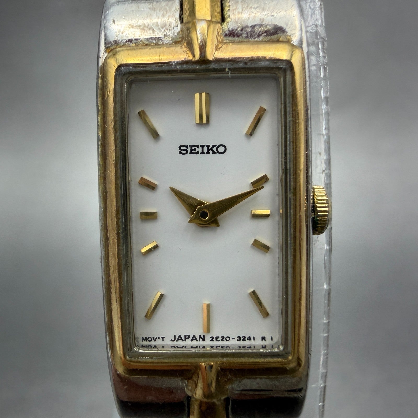 Seiko Watch Women 12mm White Dial Two Tone Rectangle 2E20-7479 New Battery JHK121