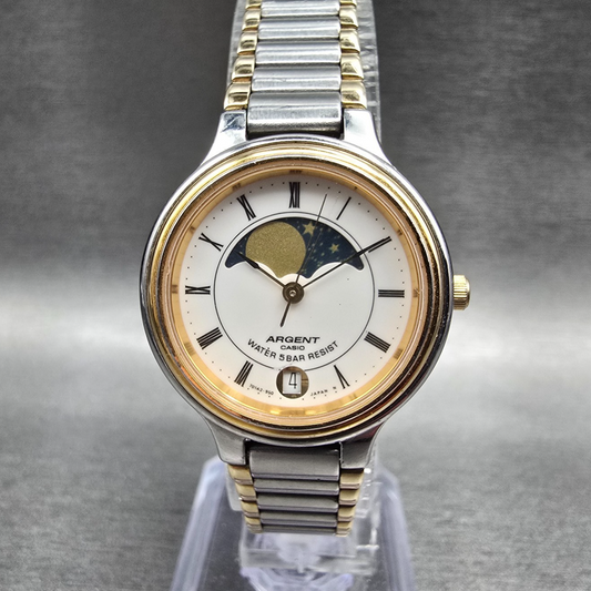 Casio Argent Moon Phase Watch Women 26mm White Dial Two Tone Date LTW-70M NewBat0
