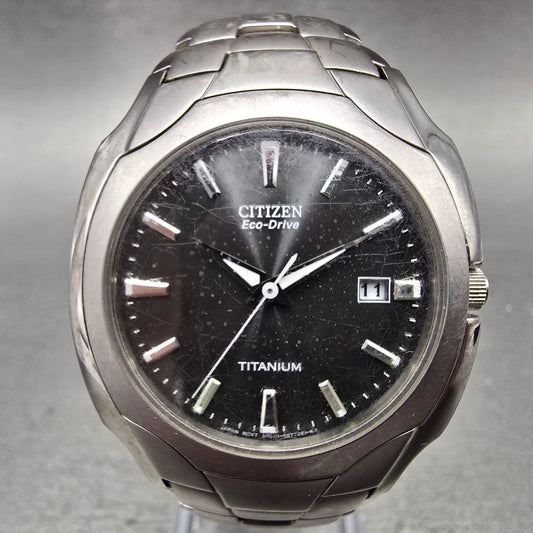 Citizen Eco-Drive Watch Men 38mm Black Dial Titanium Date E111-S049610 Runs EWR0