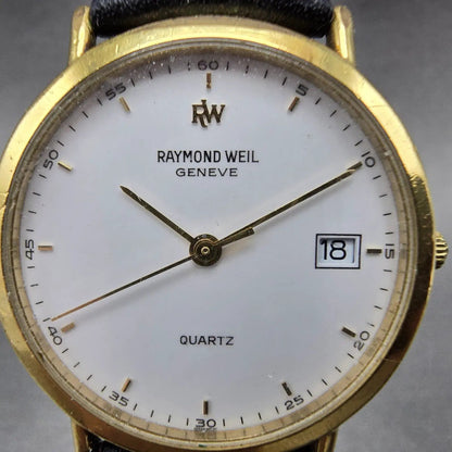 Raymond Weil Watch Men 31mm White Dial Gold Plated Date Round 5507-2 New Battery1