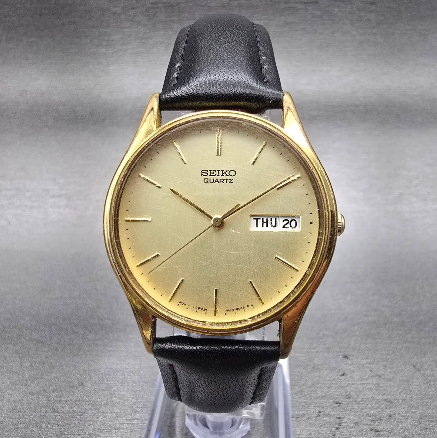 Seiko Watch Men 34mm Gold Dial Gold Tone Daydate Round 7N43-8A89 New Battery VTG0