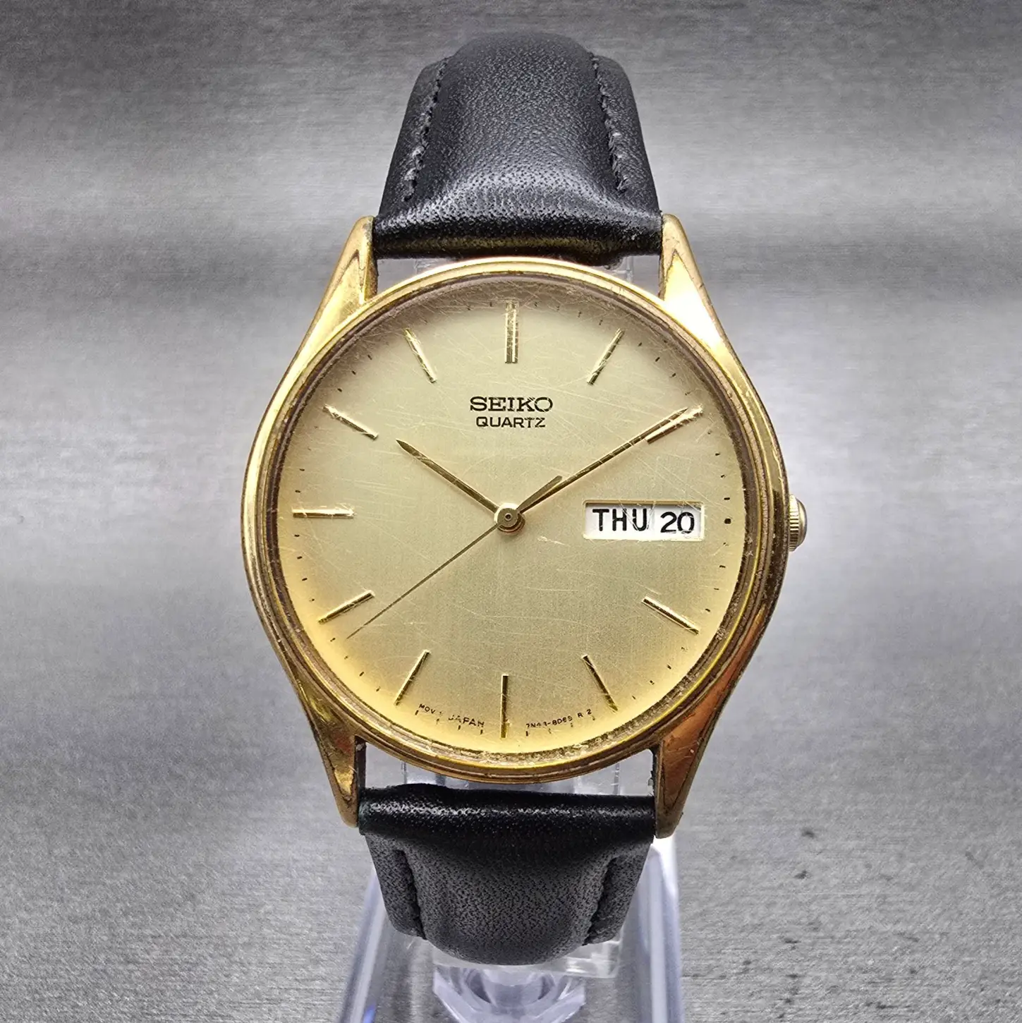 Seiko Watch Men 34mm Gold Dial Gold Tone Daydate Round 7N43-8A89 New Battery VTG0