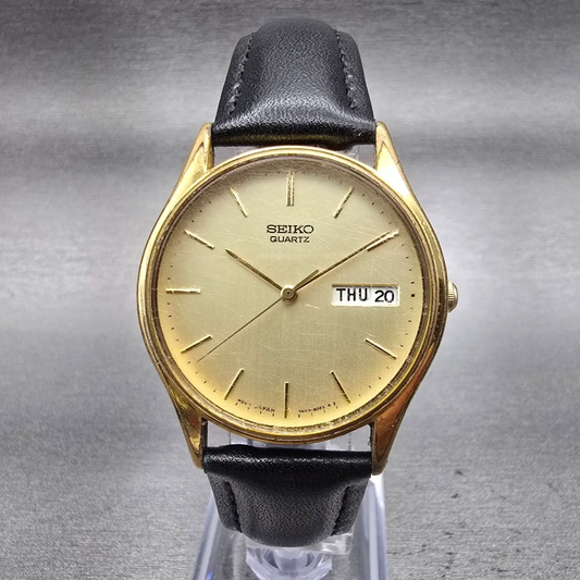 Seiko Watch Men 34mm Gold Dial Gold Tone Daydate Round 7N43-8A89 New Battery VTG0