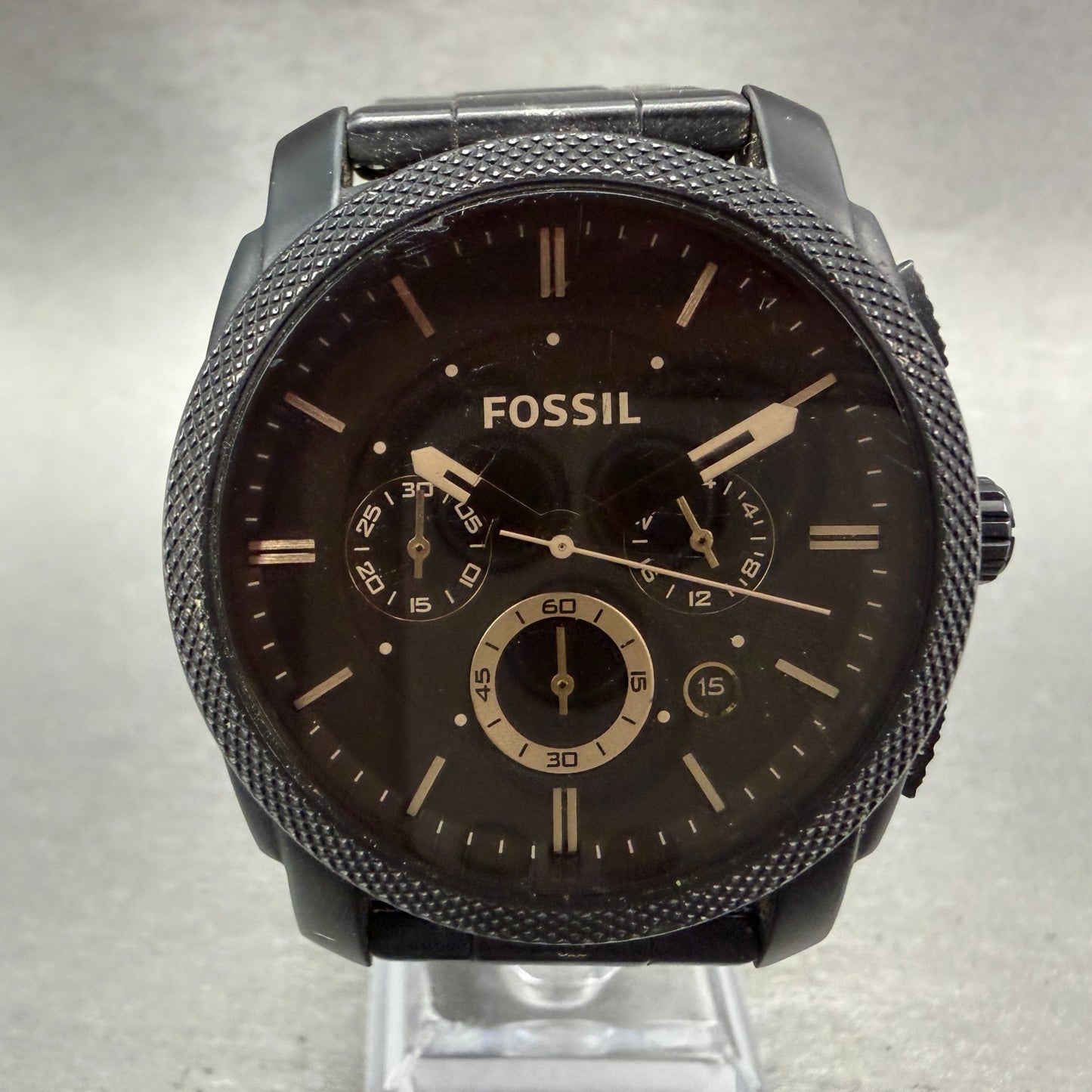 Fossil Machine Chronograph Watch Men 42mm Brown Dial Black Tone FS-4682 New Batt0