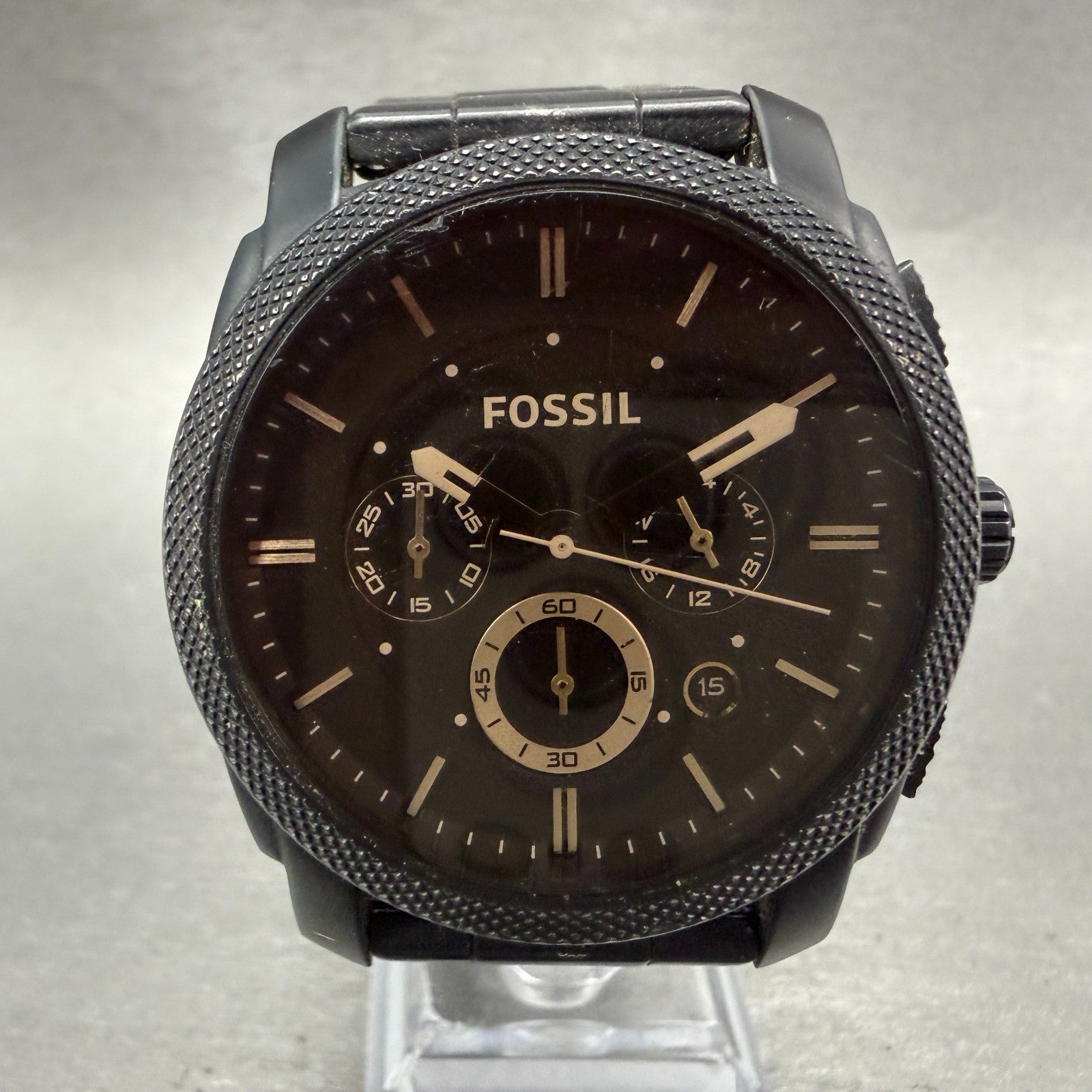 Fossil Machine Chronograph Watch Men 42mm Brown Dial Black Tone FS-4682 New Batt0