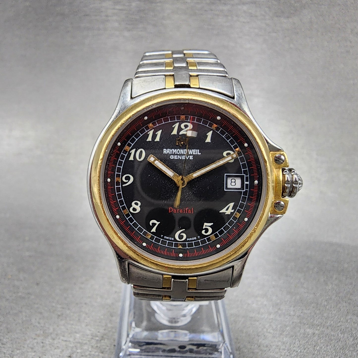 Raymond Weil Parsifal Watch Men 37mm Black Dial Two Tone Date Round READ!! NewBa2