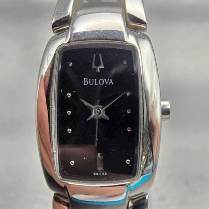 Bulova Watch Women 17mm Black Dial Silver Tone Rectangle 96T03 New Battery1