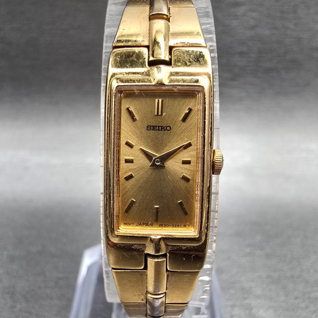 Seiko Tank Watch Women 13mm Gold Dial Gold Rectangle 2E20-7479 New Battery 564560