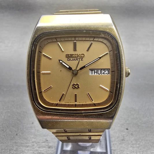 Seiko SQ Watch Men 33mm Gold Dial Gold Tone Daydate Rectangle 8123-508B New Batt0