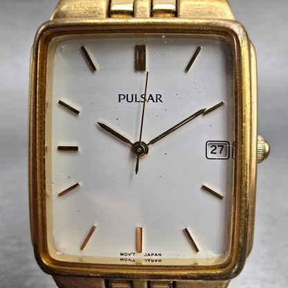 Seiko Pulsar Watch Men 27mm White Dial Gold Tone Date VX32-X154 New Battery VTG1