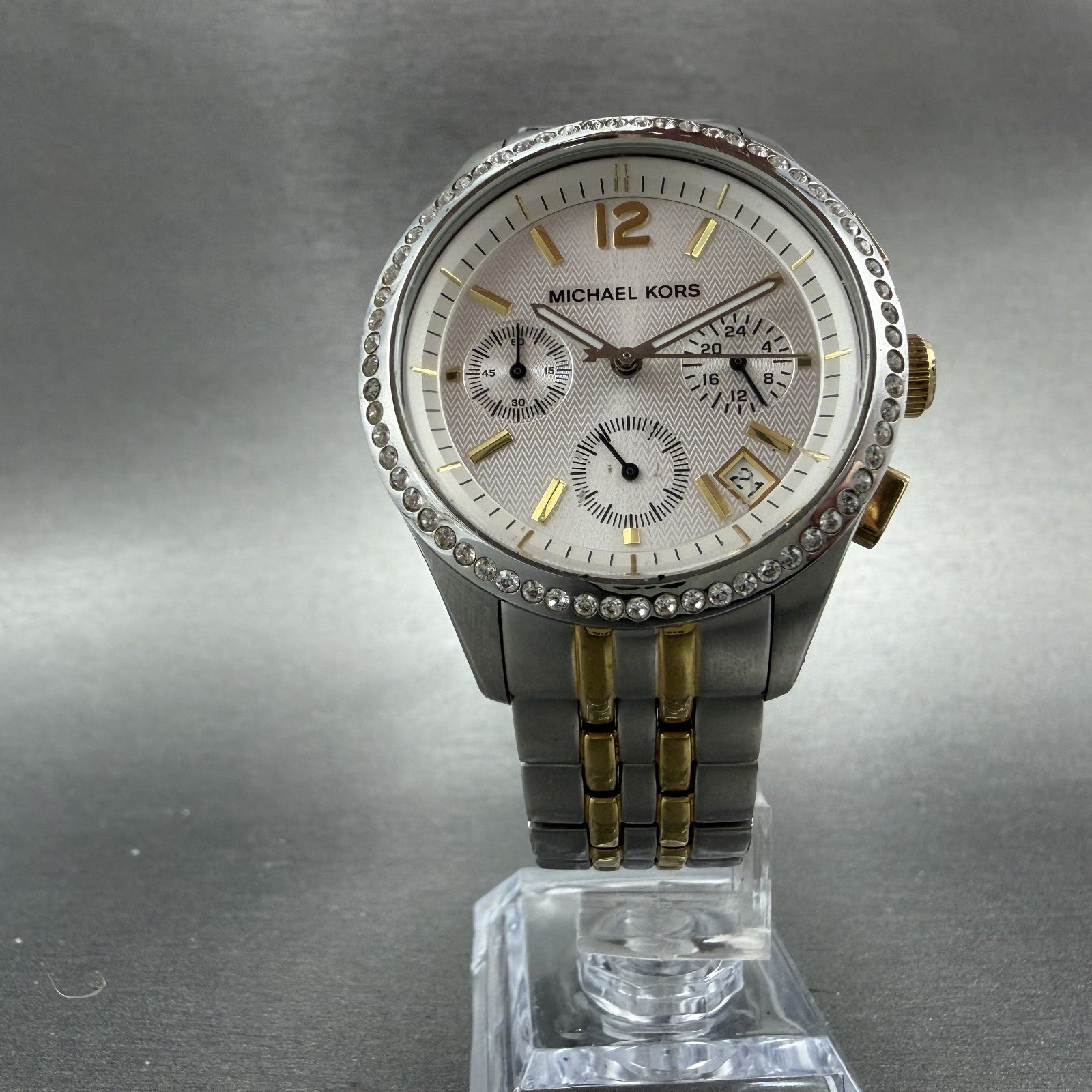 Michael Kors Chronograph Watch Women 38mm White Dial Two Tone Date MK-5098 Runs5