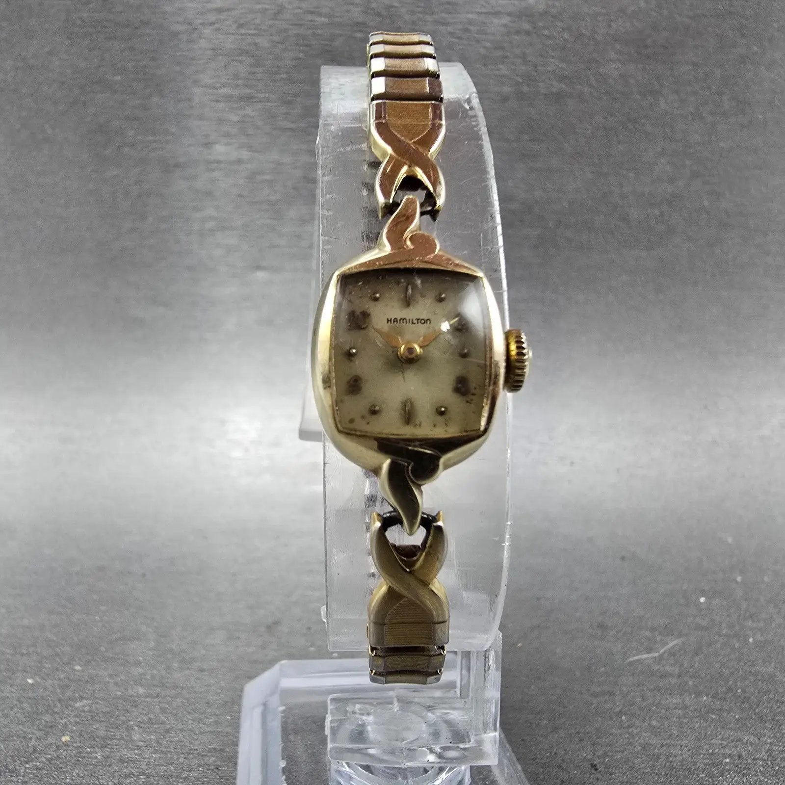Hamilton Watch Women 14mm Cream Dial 14k Gold Rectangle Manual Wind Runs VTG6
