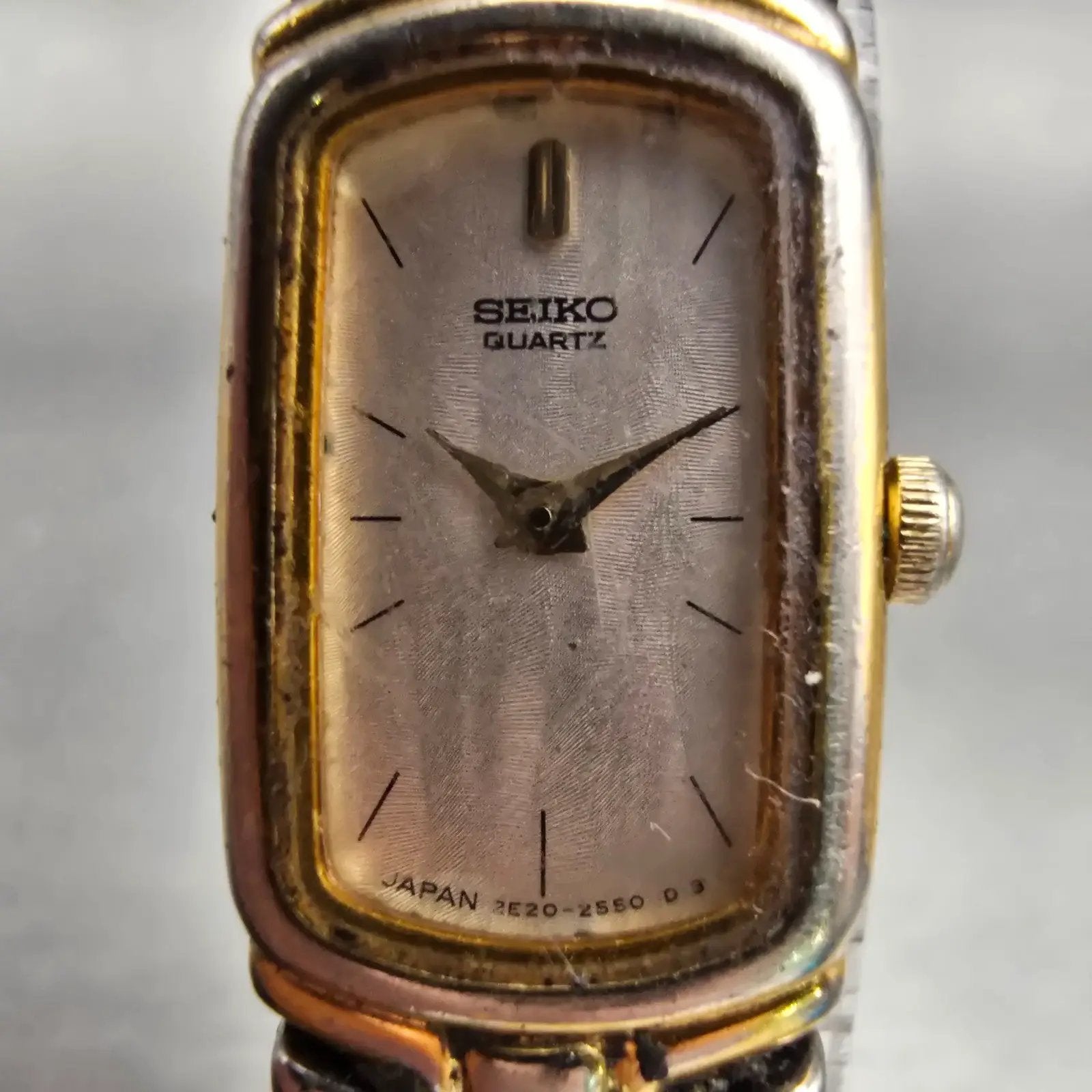 Seiko Watch Women 13mm MOP Dial Two Tone Rectangle 2E20-7049 New Battery Vintage1
