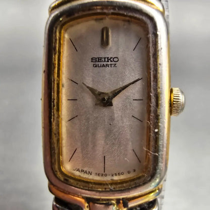 Seiko Watch Women 13mm MOP Dial Two Tone Rectangle 2E20-7049 New Battery Vintage1