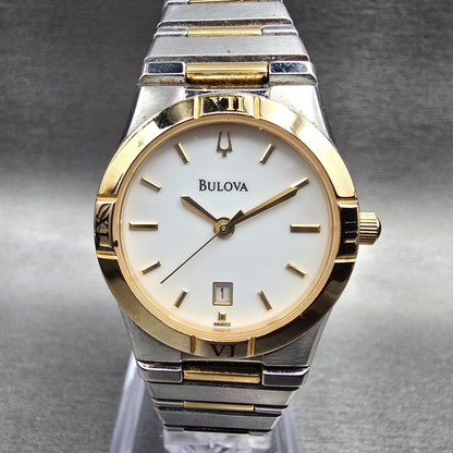 Bulova Watch Women 27mm White Dial Two Tone Date Round 98M002 New Battery0