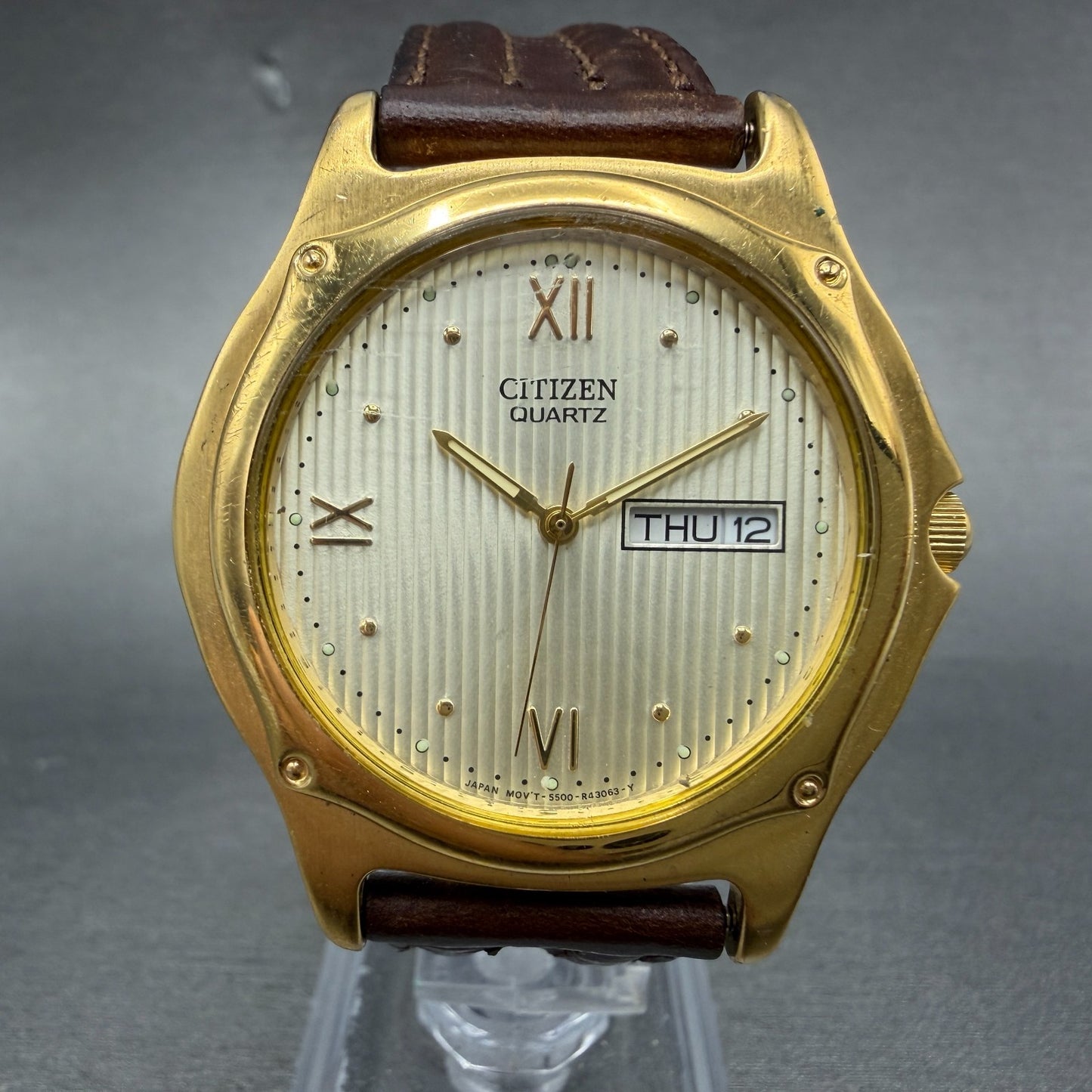 Citizen Watch Men 37mm Champagne Dial Gold Tone Daydate Round New Battery ABC0