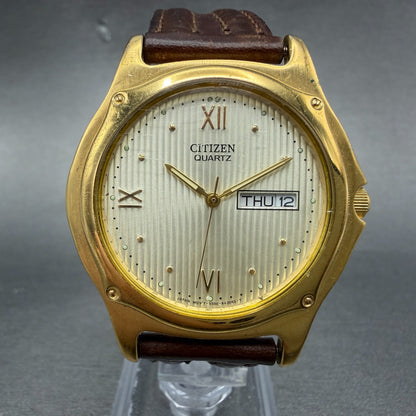 Citizen Watch Men 37mm Champagne Dial Gold Tone Daydate Round New Battery ABC0