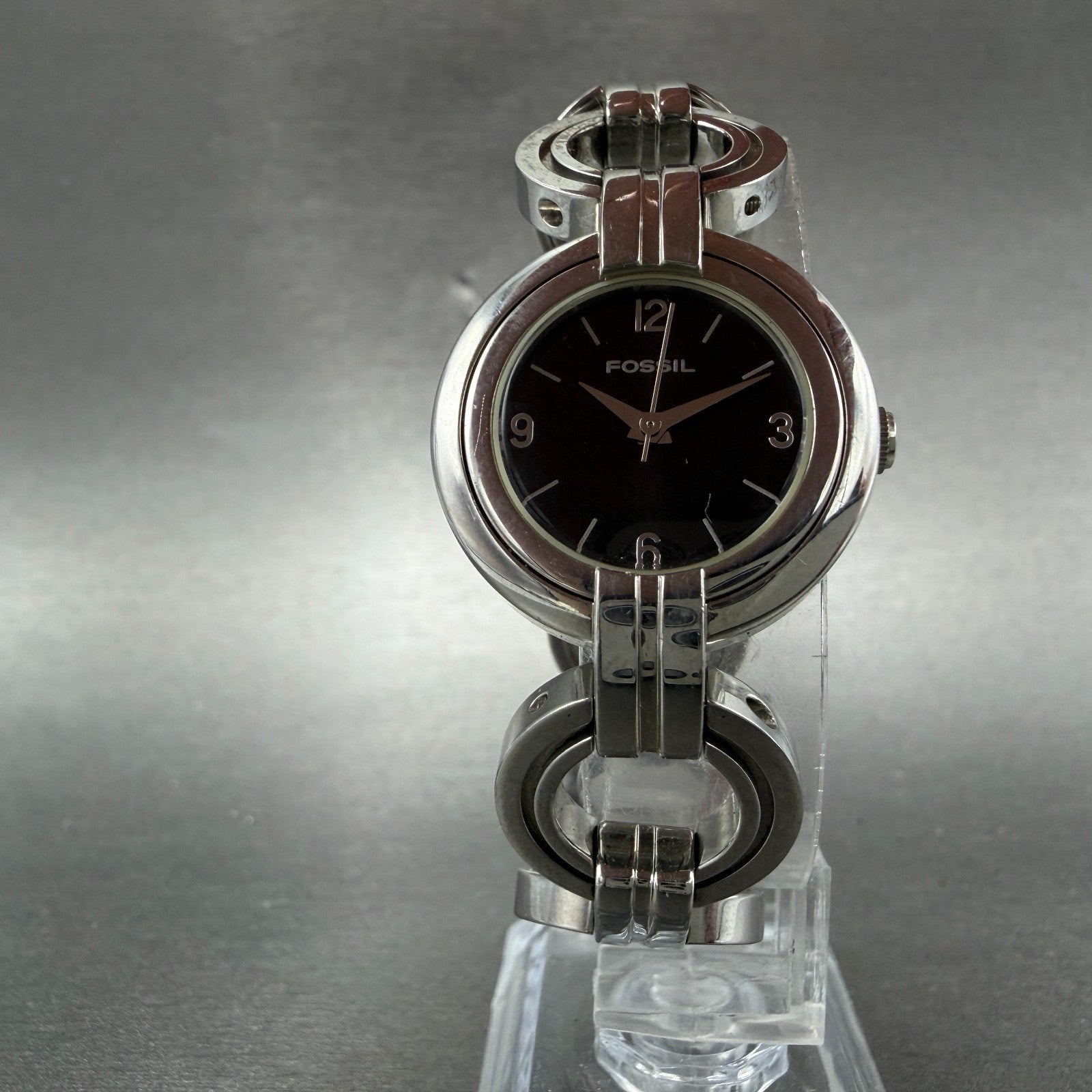 Fossil Watch Women 26mm Black Dial Silver Tone Round ES2581 New Battery5