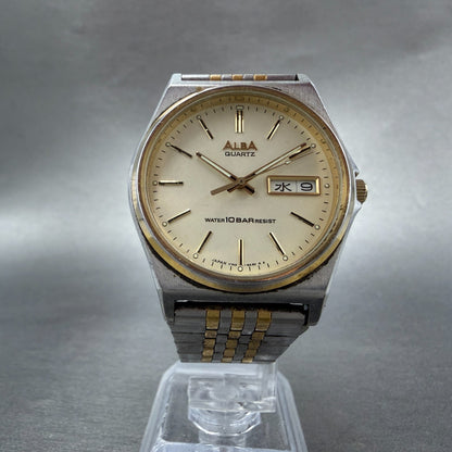 Seiko Alba Watch Men 35mm White Dial Two Tone Daydate V743-8a10 New Battery J7T5