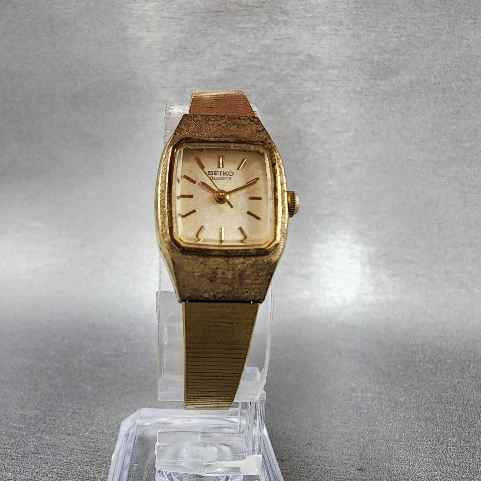 VTG Seiko Watch Women 17mm Champagne Dial Gold Tone Rectangle 54215029 New Batt5