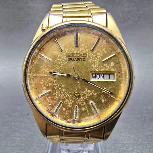 Seiko SQ Watch Men 34mm Gold Dial Gold Tone Daydate Round 8123-8000 PARTS VTG0