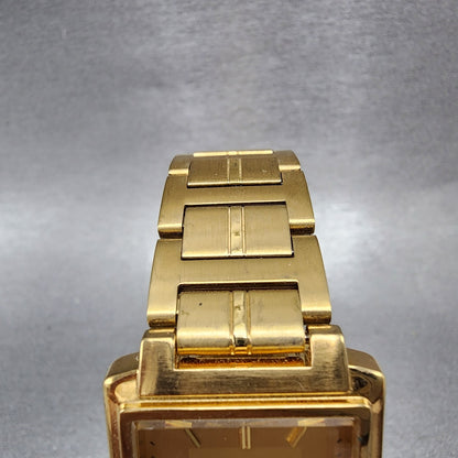 Seiko Tank Watch Men 26mm Champagne Dial Gold Tone Rectangle 7N015C90 New Batt4