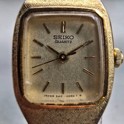 Seiko Watch Women 17mm Champagne Dial Gold Tone Rectangle 5421-5029 New BatteryP1