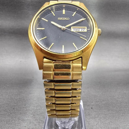 Seiko Watch Men 37mm Black Dial Gold Tone Daydate Round 7N43-9048 New Battery5