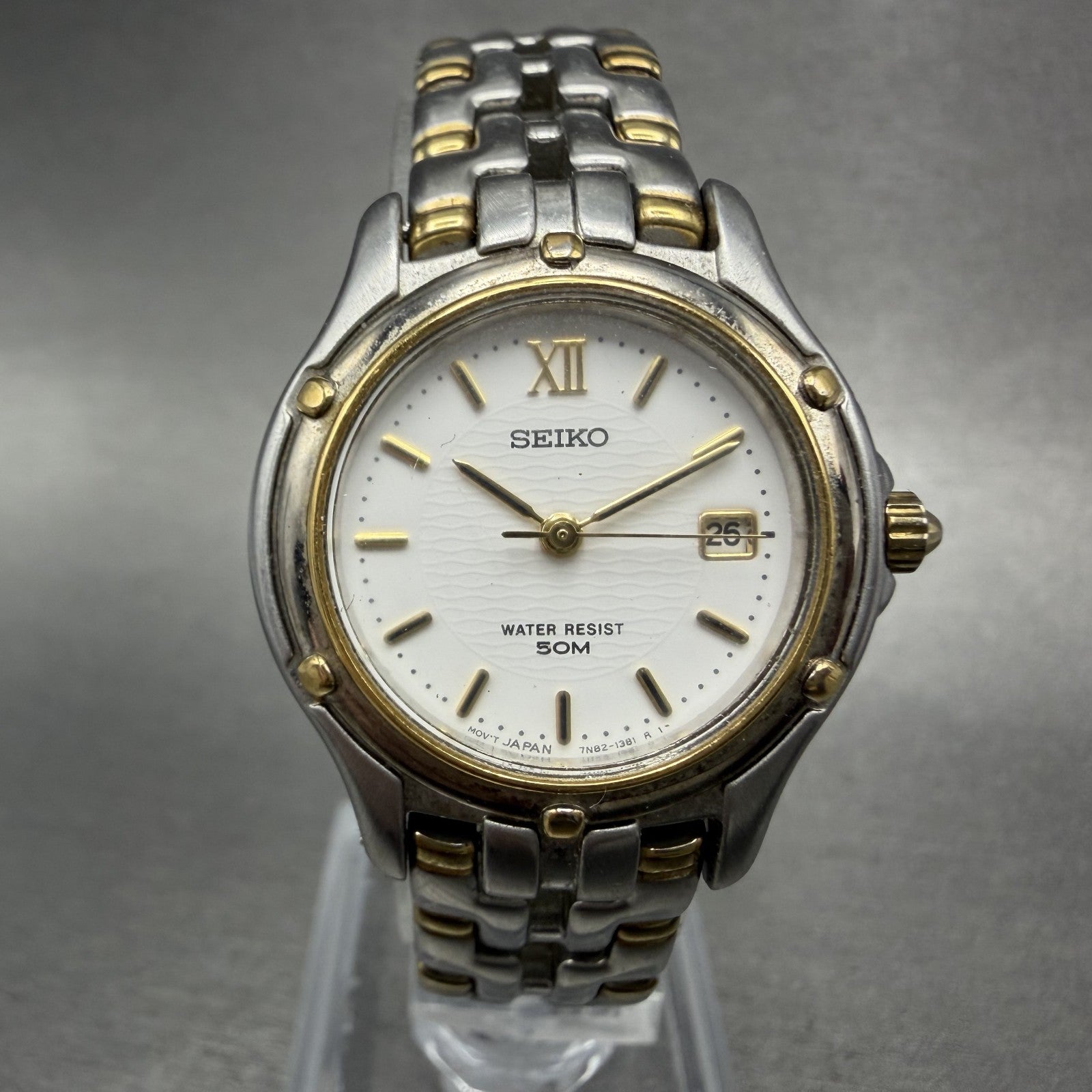 Seiko Watch Women 26mm White Dial Two Tone Date Round 7n82-0599 New Battery JKGL0