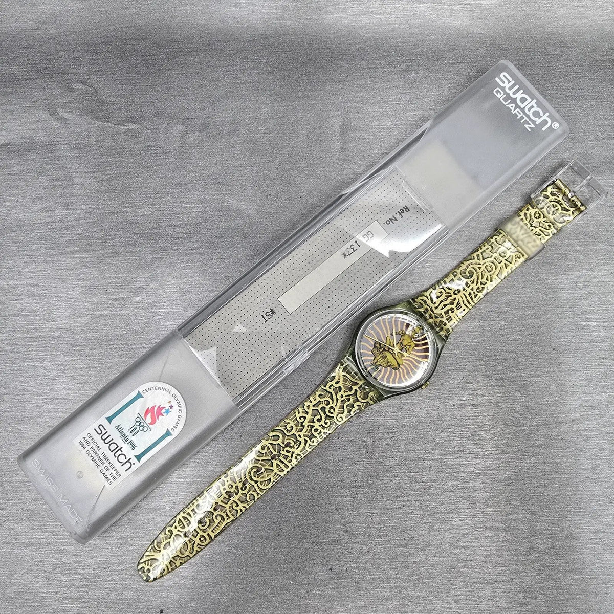Swatch Tai Sun Watch Men 34mm Silver Dial Green Case GG133 New Battery NOS16