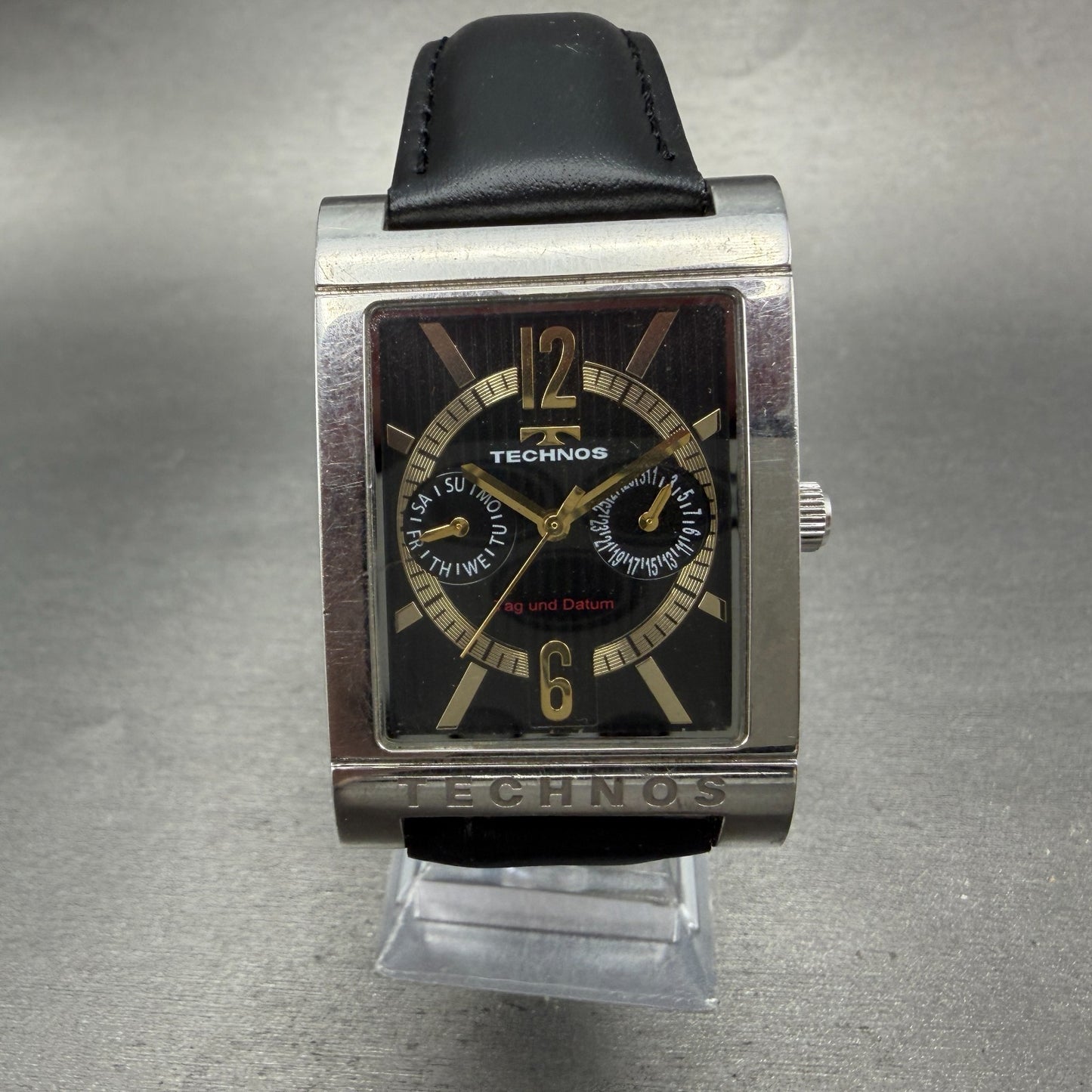 Technos Watch Men 32mm Black Dial Two Tone Daydate Rectangle T2046 New Battery0
