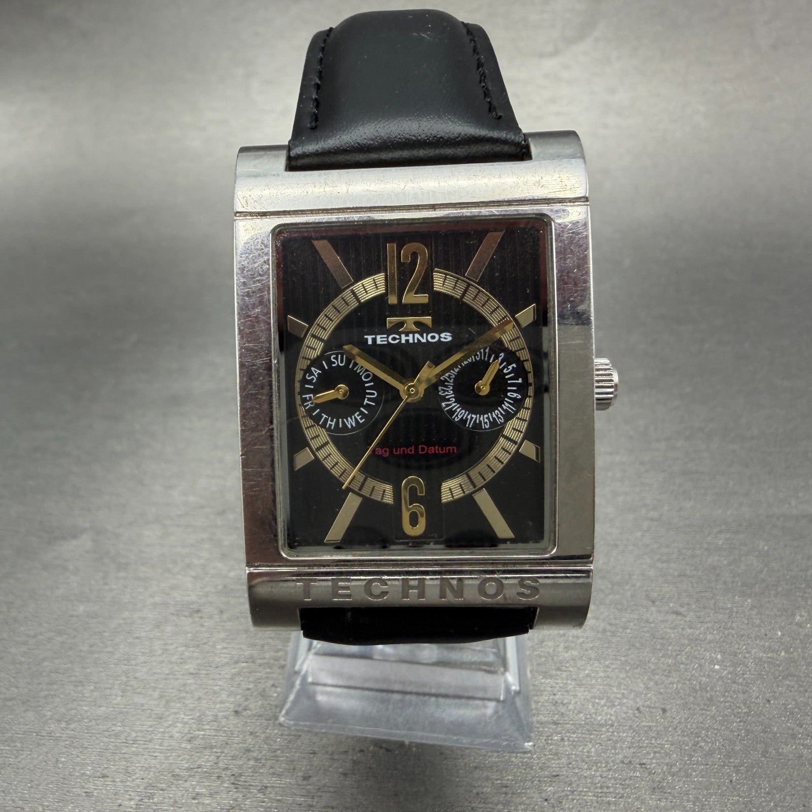 Technos Watch Men 32mm Black Dial Two Tone Daydate Rectangle T2046 New Battery0