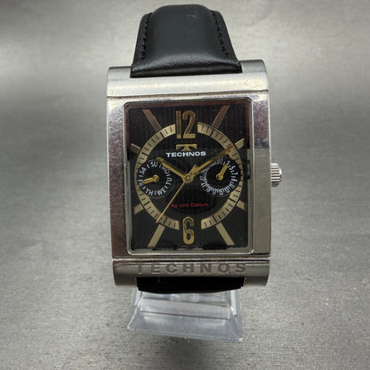 Technos Watch Men 32mm Black Dial Two Tone Daydate Rectangle T2046 New Battery0