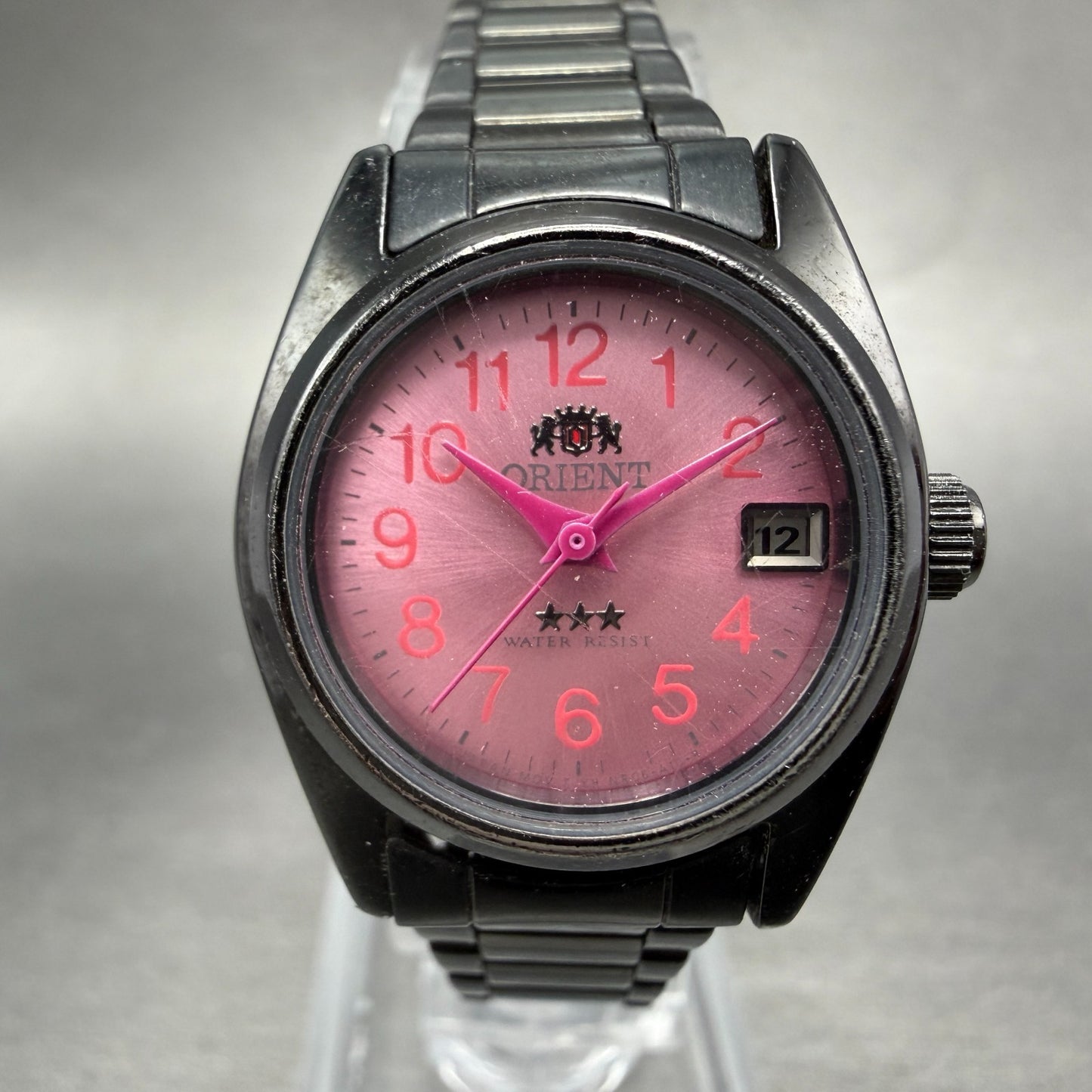 Orient Tri Star Watch Women 24mm Pink Dial Black Tone Date Automatic Runs0