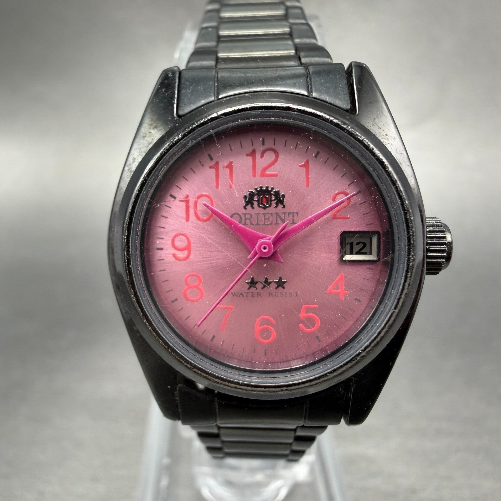 Orient Tri Star Watch Women 24mm Pink Dial Black Tone Date Automatic Runs0