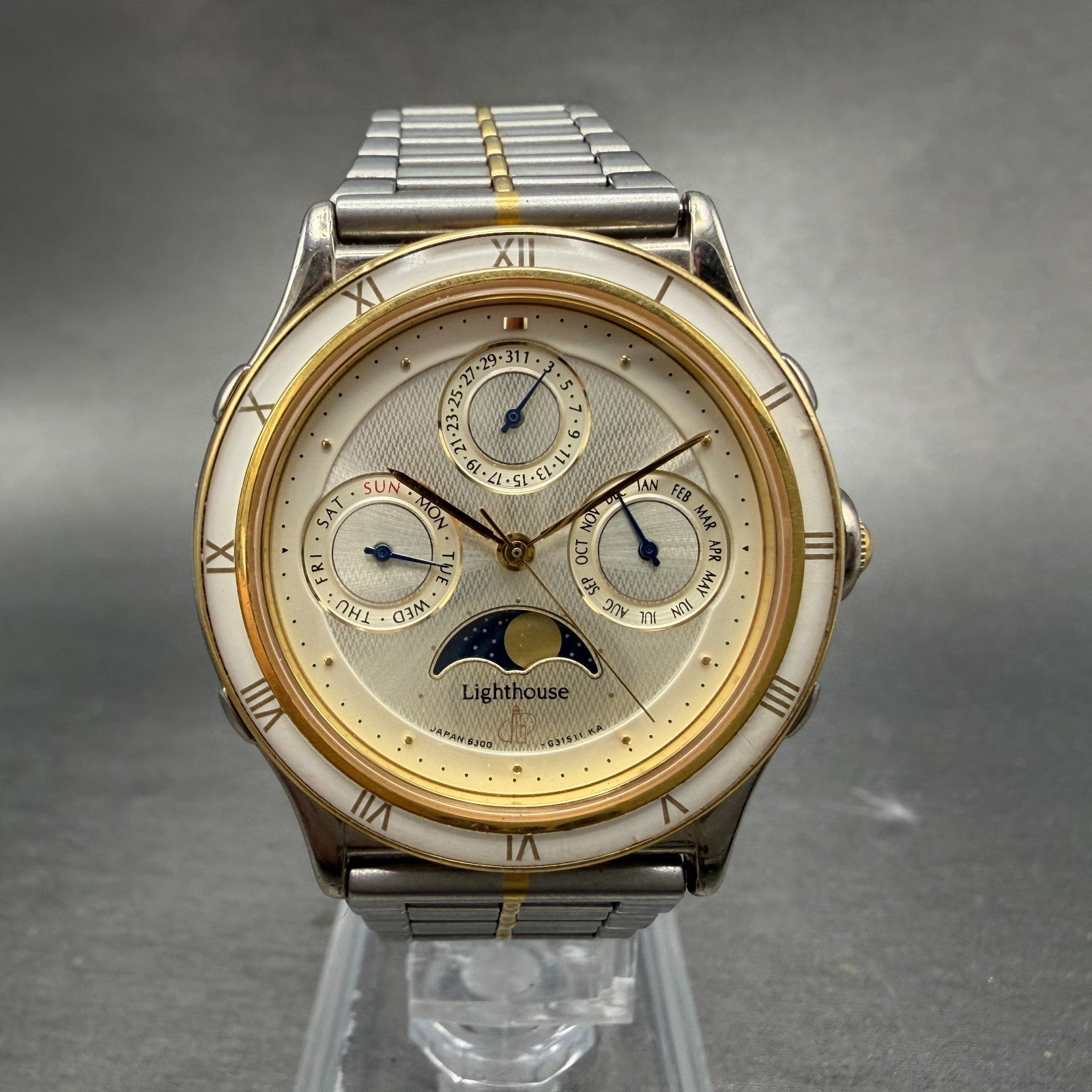 Citizen Lighthouse Triple Calendar Moon Phase Watch Men 35mm Champagne Two Tone0