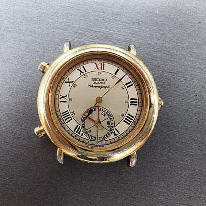 Seiko Chronograph Watch Men 35mm Champagne Dial Gold Tone 8m25-6009 NewBat READ!
