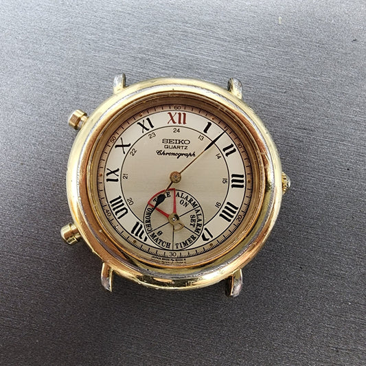 Seiko Chronograph Watch Men 35mm Champagne Dial Gold Tone 8m25-6009 NewBat READ!