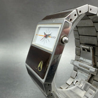 Nixon Chalet Watch Men 30mm White Dial Steel Wood Rectangle New Battery2