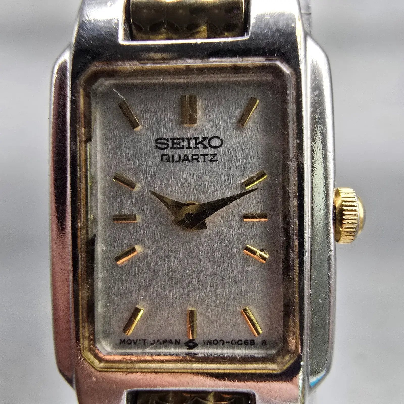 Seiko Tank Watch Women 15mm Silver Dial Two Tone Rectangle 1N00-5A99 New Battery1