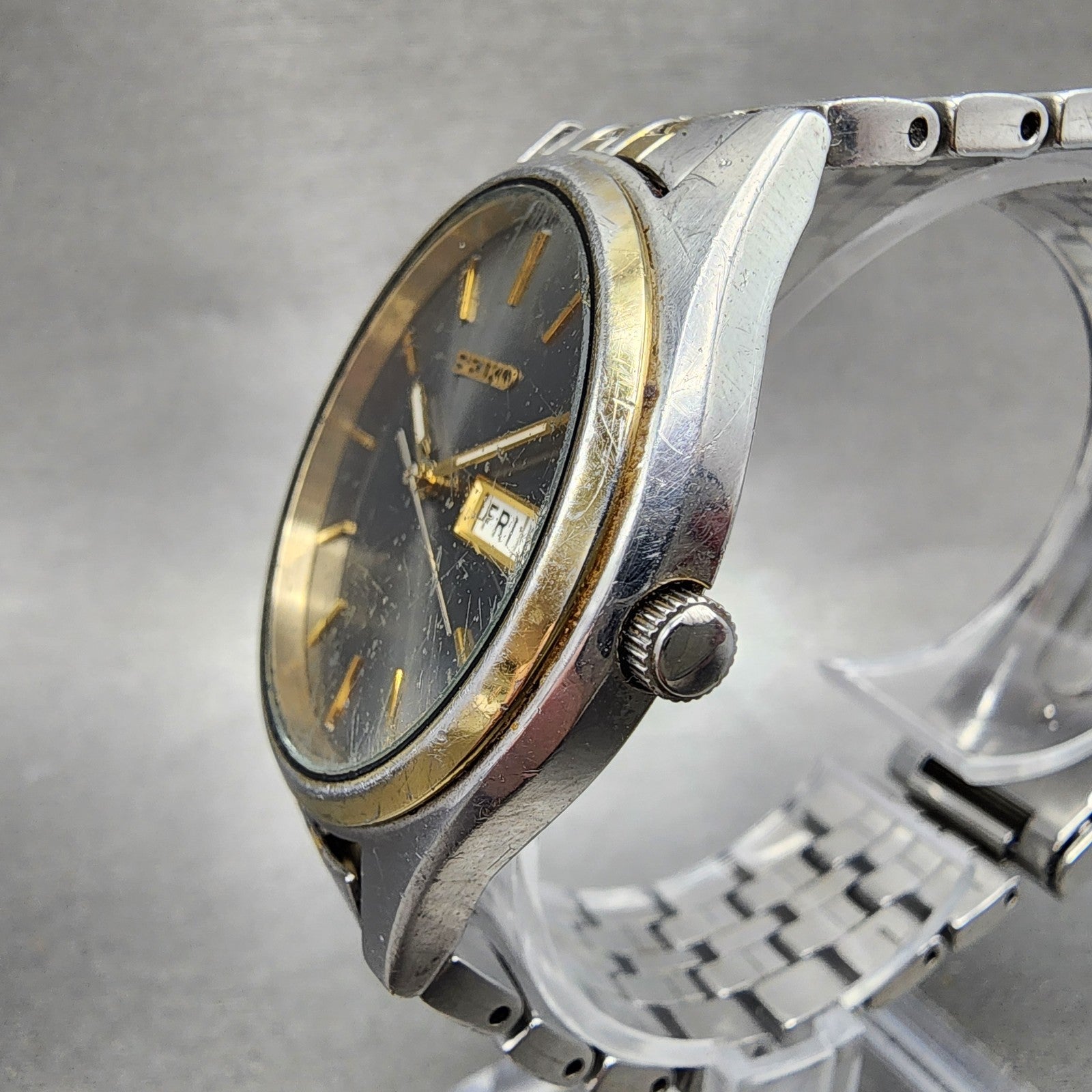 Seiko Watch Men 37mm Gray Dial Two Tone Daydate Round 7N439048 New Battery3